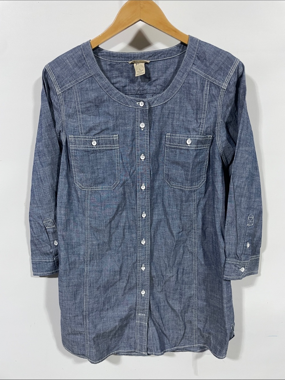 Duluth Trading Co Indigo Chambray Button Front Tunic